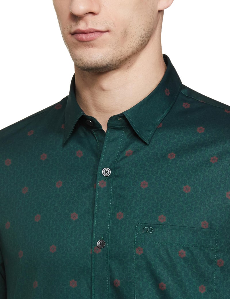 Peter England Men Cotton Slim Fit Printed Festive Shirt Dark Green, 39 - Image 3