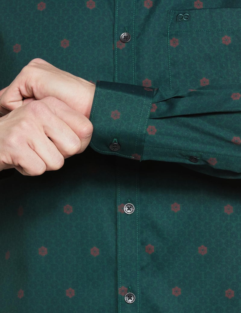 Peter England Men Cotton Slim Fit Printed Festive Shirt Dark Green, 39 - Image 4