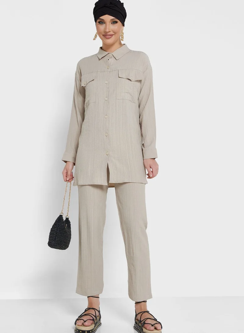 Khizana Textured Button Down Top & Pant Set