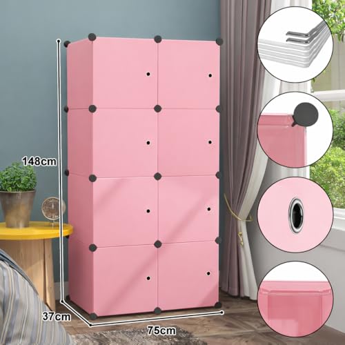 ELINDOR Plastic Wardrobe for Kids Clothes – Durable, Easy to Use Anti-Skid & Non-Slip Effective Professional Collapsible Wardrobe, Plastic Cupboard for Kids, Foldable Almirah (Pink, 8-Cube) - Image 2