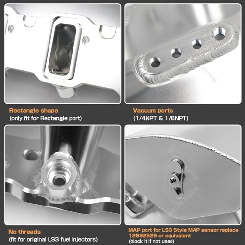 Htostar Racing Low Profile For LS3 Intake Manifold EFI Compatible with LS Rectangle Port Head Aluminum (102mm Silver) - Image 3