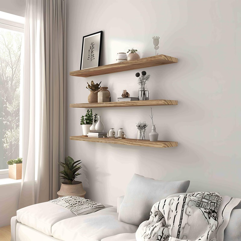 YYWUOJJ Wood Floating Shelves for Wall, Rustic Wall Shelves for Bedroom, Wall Mounted Floating Shelf, Set of 4 Light Walnut 36 Inch - Image 3