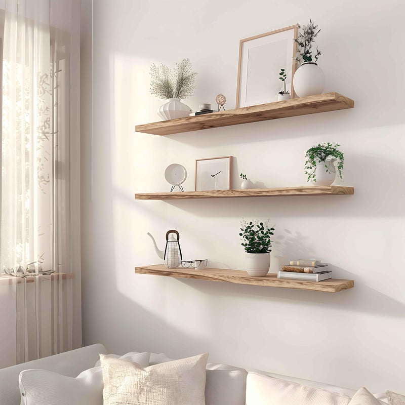 YYWUOJJ Wood Floating Shelves for Wall, Rustic Wall Shelves for Bedroom, Wall Mounted Floating Shelf, Set of 4 Light Walnut 36 Inch - Image 2