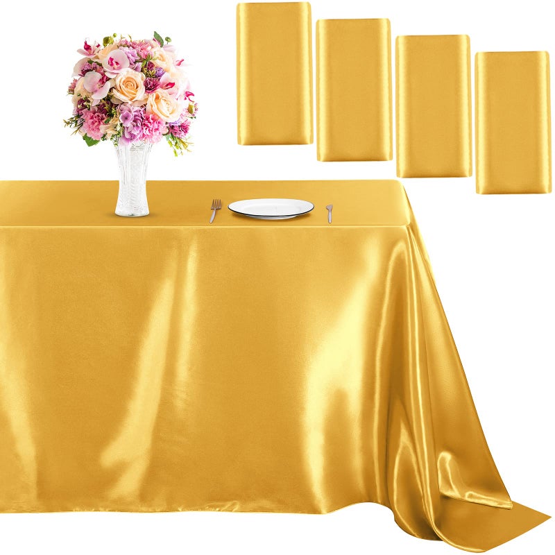MCEAST 4 Pieces Gold Satin Tablecloth 102 x 58 Inch Gold Satin Table Overlay Cover Rectangular Bright Silk Tablecloth for Party Wedding Banquet Table Decoration