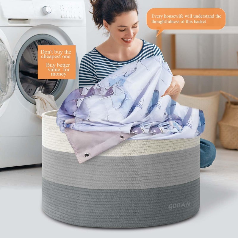 GOCAN سلال تخزين من مقاس XXXL، مصنوعة من حبل قطني، مزودة بمقابض، مناسبة لتخزين الملابس والمناشف والألعاب في غرفة النوم. - Image 4