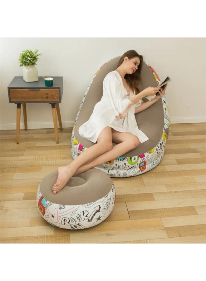 Inflatable Chair and Footrest Set (2 Pieces) - Velvet Lounge Sofa for Living Room, Camping, Beach - Multicolor (With Blower Gift) (Beige 1) - Image 3