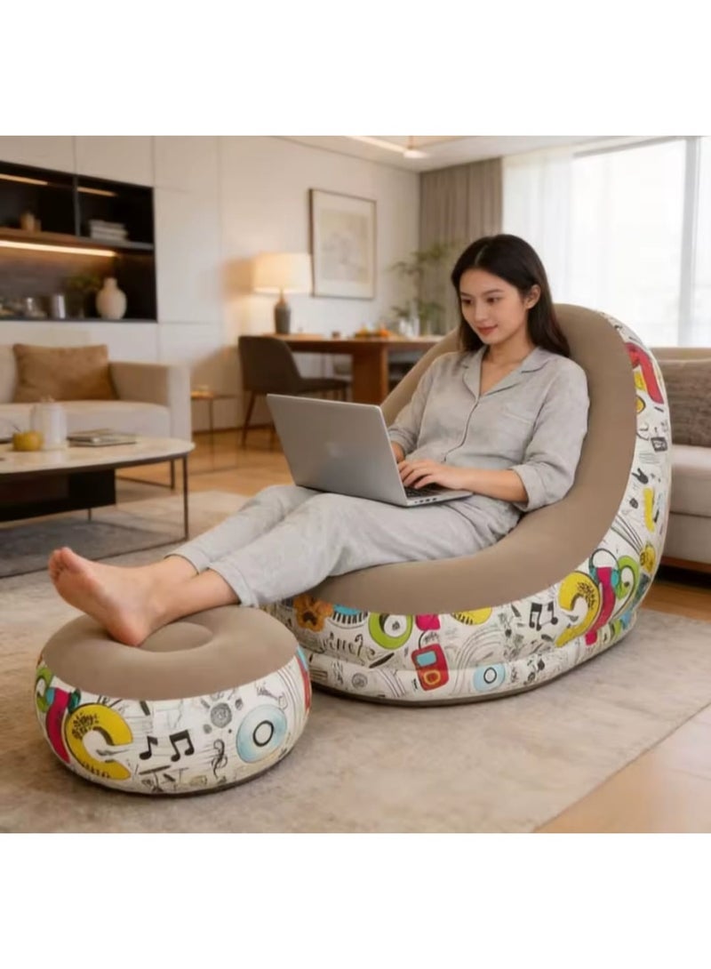 Inflatable Chair and Footrest Set (2 Pieces) - Velvet Lounge Sofa for Living Room, Camping, Beach - Multicolor (With Blower Gift) (Beige 1) - Image 5