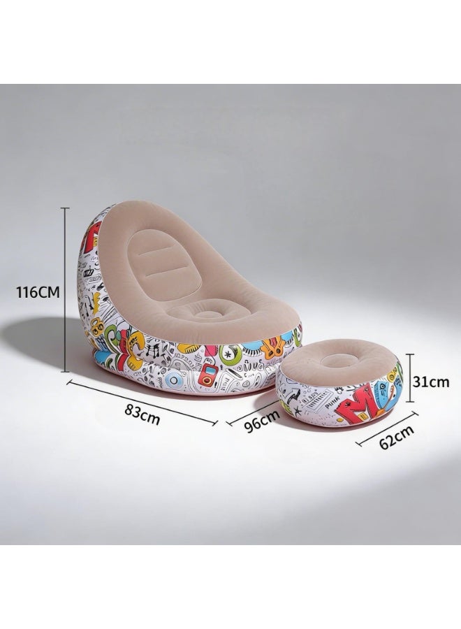 Inflatable Chair and Footrest Set (2 Pieces) - Velvet Lounge Sofa for Living Room, Camping, Beach - Multicolor (With Blower Gift) (Beige 1) - Image 4