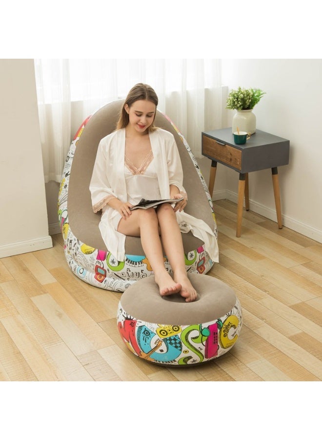 Inflatable Chair and Footrest Set (2 Pieces) - Velvet Lounge Sofa for Living Room, Camping, Beach - Multicolor (With Blower Gift) (Beige 1) - Image 2