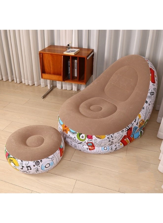 Inflatable Chair and Footrest Set (2 Pieces) - Velvet Lounge Sofa for Living Room, Camping, Beach - Multicolor (With Blower Gift) (Beige 1) - Image 1
