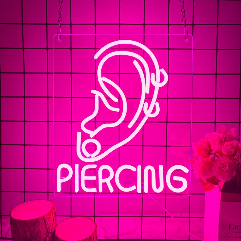 Manimo Ear Piercing Neon Sign, Cool Pink Dimmable LED Creative Ear Earring Neon Light, Tattoo Studio Barber Salon Massage SPA Shop Neon Light Decoration, Suitable Gift For Young People And Girls(13 * 11in) - Image 1