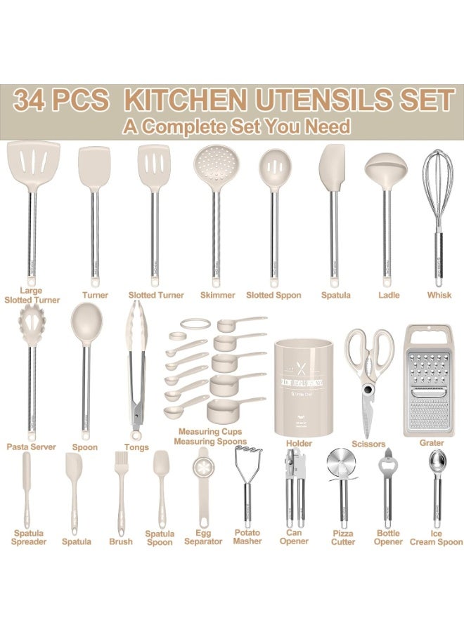 Bukela Kitchen Utensils Set, 34 Pcs Silicone Cooking Utensils Set for Nonstick Cookware-Silicone Spatulas Set, Stainless Steel Handle-Khaki Kitchen Gadgets Tools, Pots and Pans Accessories - Image 3