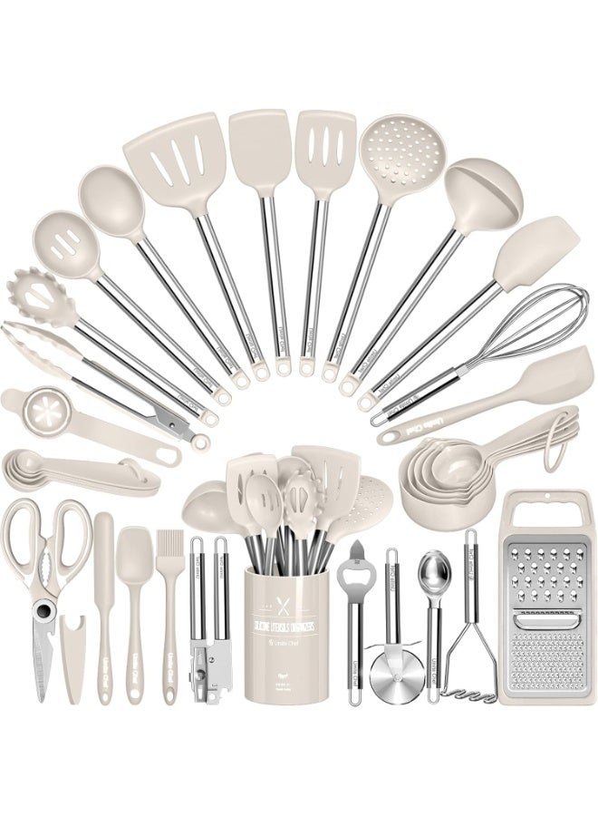 Bukela Kitchen Utensils Set, 34 Pcs Silicone Cooking Utensils Set for Nonstick Cookware-Silicone Spatulas Set, Stainless Steel Handle-Khaki Kitchen Gadgets Tools, Pots and Pans Accessories - Image 1