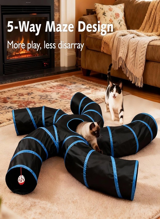 Joytale 5-Way Cat Tunnels for Indoor Cats, Pet Tube Toy with Bell Ball and Toy Mouse, S-Shape Collapsible Tunnel with Interactive Hole for Kitty, Kitten, Rabbit, Puppy (Blue&Black) - Image 2