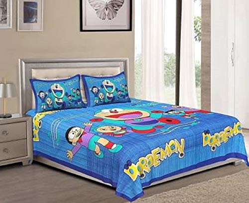 Monik Handicrafts Jaipuri Print 100 Cotton Rajasthani Tradition King Size Double Bedsheet with 2 Pillow Cover 100 Cotton Doremon Blue - Image 2