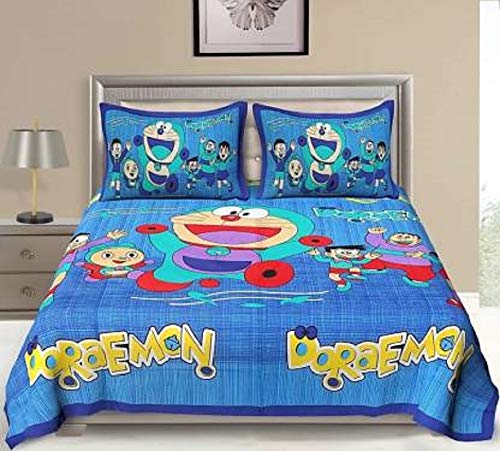 Monik Handicrafts Jaipuri Print 100 Cotton Rajasthani Tradition King Size Double Bedsheet with 2 Pillow Cover 100 Cotton Doremon Blue - Image 1
