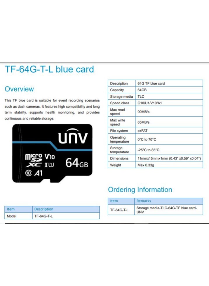 يونيفيو - بطاقة ذاكرة Micro SD من Uniview UNV بسعة 64 جيجابايت TF-64G-T-L - Image 1