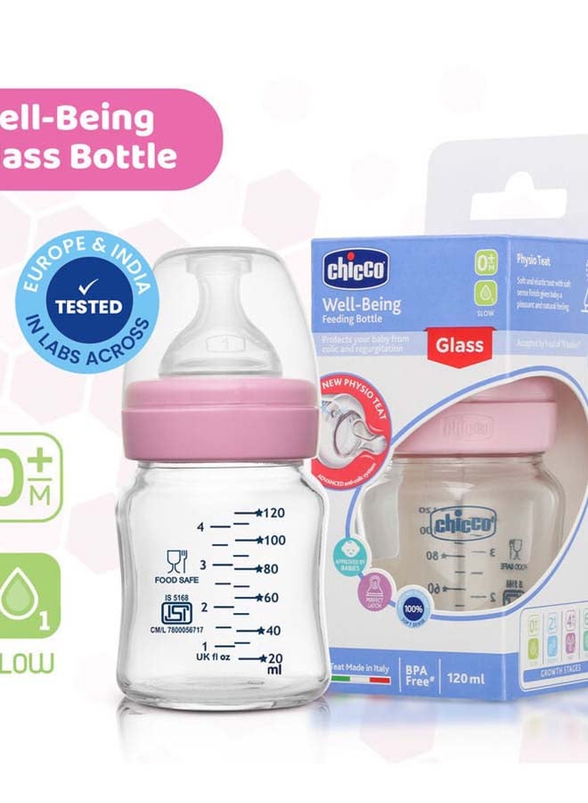 Chicco زجاجة رضاعة زجاجية للرفاهية (120 مل، تدفق بطيء) (وردي) 0M+ - Image 2
