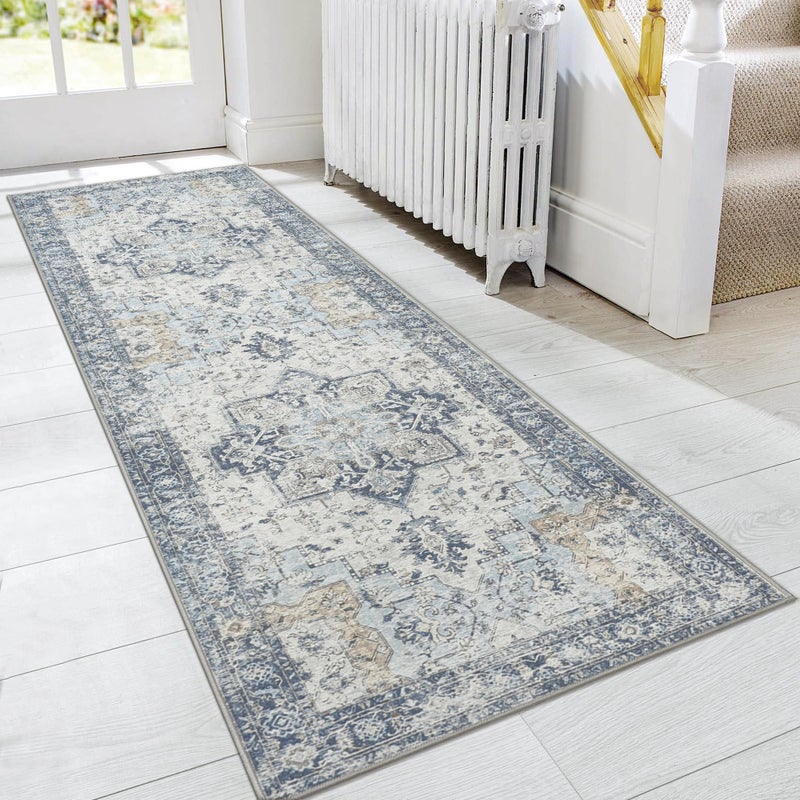 GENIMO Runner Rug 2x5, Machine Washable Non Slip Vintage Runner Rug, Low Pile Lighrweight Rugs for Entryway, Hallway, Kitchen and Corridor, Blue - Image 1