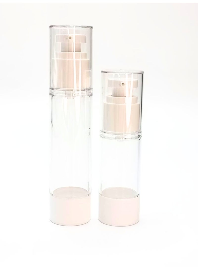 عبوتان بمضخة ضغط هوائي باللون الأبيض – سعة 30 مل و50 مل قابلة لإعادة التعبئة للكريمات، السيروم، واللوشن