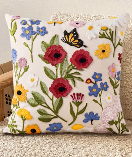 Kokaaee Embroidered Throw Pillow Cover 18x18 Inch Spring Summer Boho Decorative Pillow Cover with Zipper for Living Room Couch Sofa Bed Aesthetic Design Retro Flower Cushion Pillowcase - Image 1