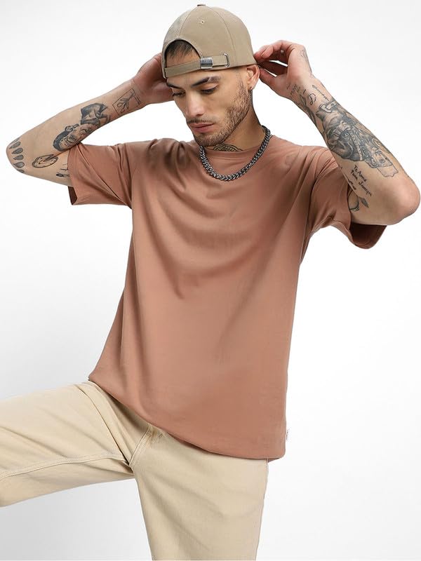 Veirdo® Pure Cotton Lilac & Cork & Swanwhite Oversized Fit Half Sleeve Solid Round Neck T-Shirt for Men (PO3_OS_LL_CR_SW_XL) - Image 4