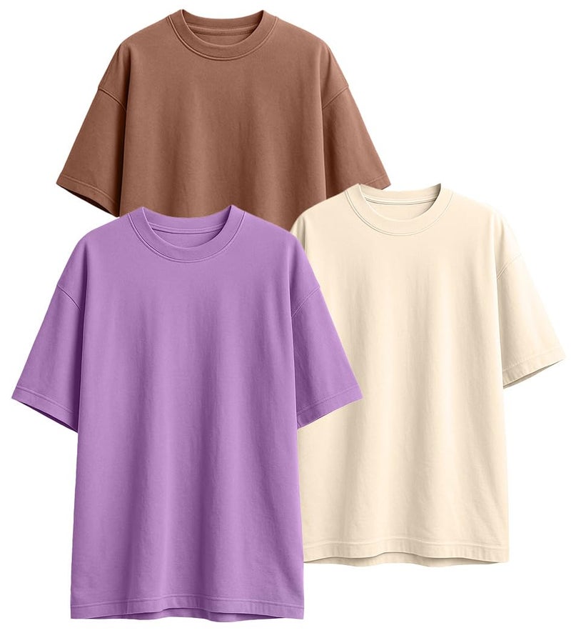 Veirdo® Pure Cotton Lilac & Cork & Swanwhite Oversized Fit Half Sleeve Solid Round Neck T-Shirt for Men (PO3_OS_LL_CR_SW_XL) - Image 1