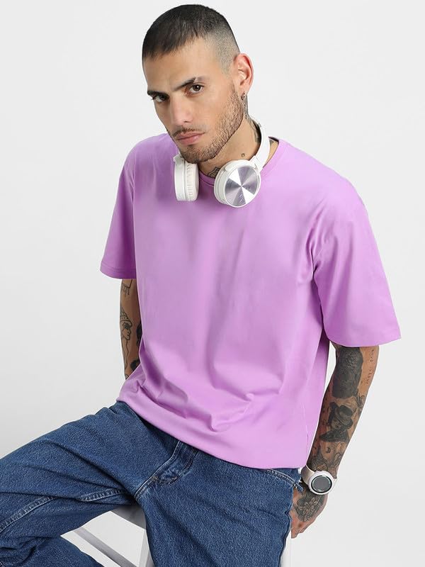 Veirdo® Pure Cotton Lilac & Cork & Swanwhite Oversized Fit Half Sleeve Solid Round Neck T-Shirt for Men (PO3_OS_LL_CR_SW_XL) - Image 2