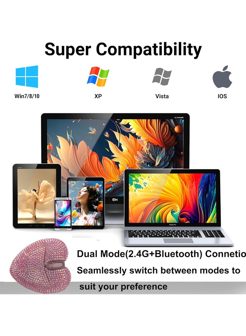 General Wireless Bluetooth Mouse Cute Pink Love Heart Shinning Led Light Silent Portable Lightweight USB Optical Cordless Dual Mode Mice for PC Laptop Computer Women Girl  - Image 5