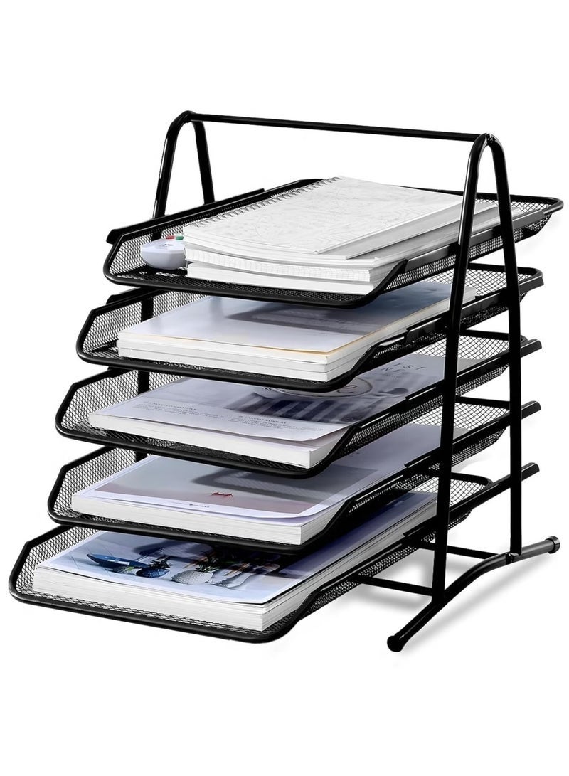 DURKU 5-Tier Document Tray, Paper Tray, Desk Organizer, Mesh Tray, File Storage with Sliding Tray, Stackable File Rack, Metal Mesh Letter Trays for Desktop Organization (5 Shelves, Black) - Image 1