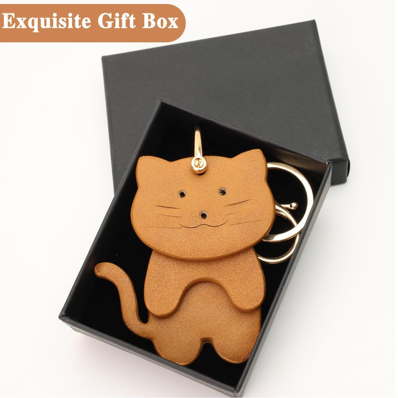 Yonuni Leather Cat Keychain with 3-Layered Design - Handmade Soft PU Cat Bag Charm for Handbags, Car Keys, Purse, Backpack & Cat Lovers Gift Ideas (Brown) - Image 3