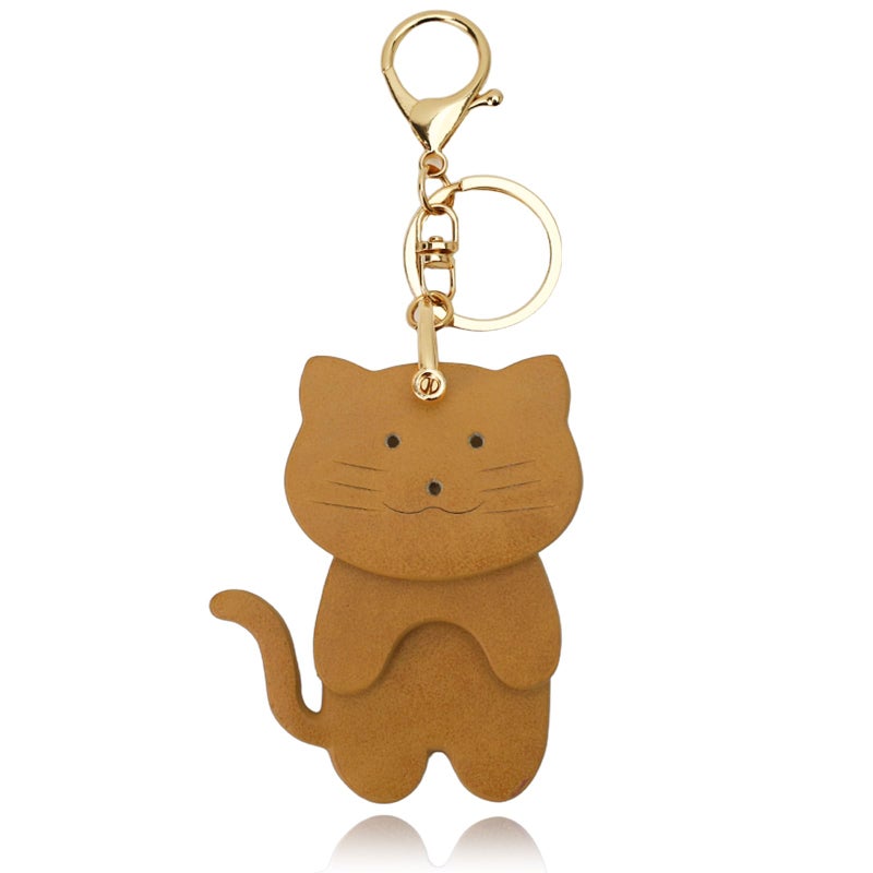 Yonuni Leather Cat Keychain with 3-Layered Design - Handmade Soft PU Cat Bag Charm for Handbags, Car Keys, Purse, Backpack & Cat Lovers Gift Ideas (Brown) - Image 1