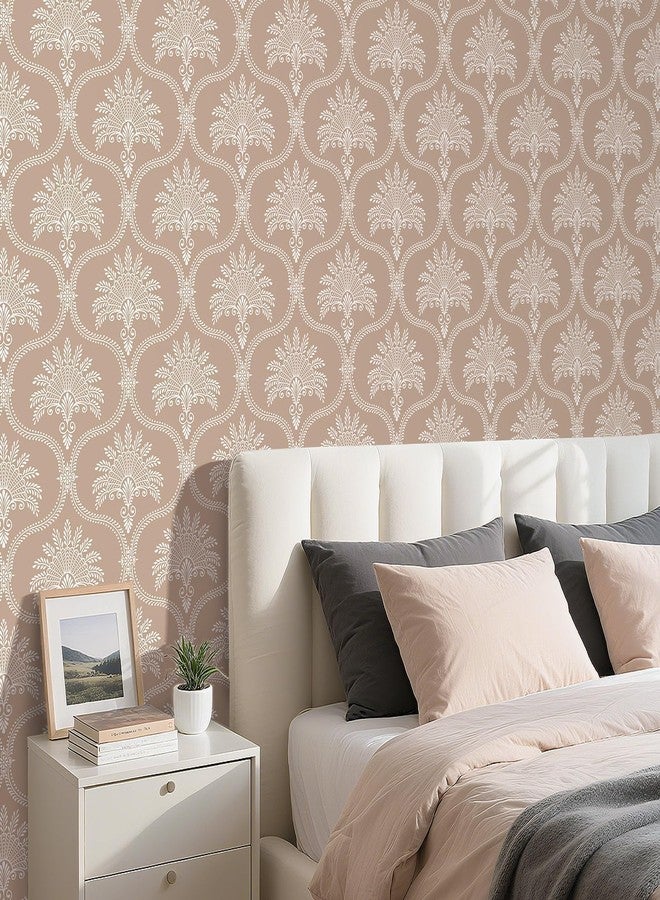 Decotalk Damask Wallpaper Beige Damask Wallpaper for Bedroom Walls Baroque Damasks Floral Contact Paper Peel and Stick 17.5x120 Inch Beige White Floral Wall Paper Baroque Wall Cover Vinyl Wrap - Image 3