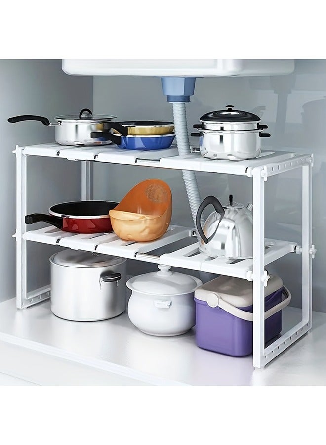 رولستيمي تحت بالوعة تخزين الرف 2 مستويات تحت العداد تخزين الرف المطبخ أو الحمام قابل للتعديل تخزين الرف الأبيض - Image 2