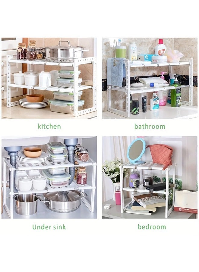 رولستيمي تحت بالوعة تخزين الرف 2 مستويات تحت العداد تخزين الرف المطبخ أو الحمام قابل للتعديل تخزين الرف الأبيض - Image 4