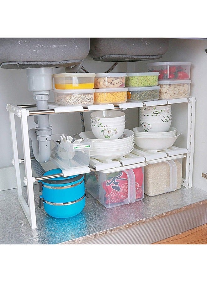 رولستيمي تحت بالوعة تخزين الرف 2 مستويات تحت العداد تخزين الرف المطبخ أو الحمام قابل للتعديل تخزين الرف الأبيض - Image 5