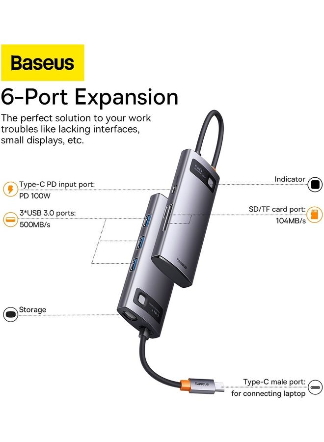 بيسوس موزع قاعدة شحن 6 في 1 من USB-C إلى 3 منافذ USB 3.0 + USB-C بتقنية PD + بطاقة مايكرو SD / SD متوافق مع ماك بوك برو/ آير وآي باد برو إصدار 2018/2022 وغير ذلك الكثير لون رمادي - Image 3