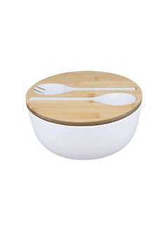 Generic Bamboo Salad Bowl with Serving Spoons, Wooden Bamboo Lid and Cutting Board. Large 9.8 Inch Mixing, Fruit, Food, Dessert, Storage Bowl Set. Lightweight, Dishwasher Safe. White  - Image 1