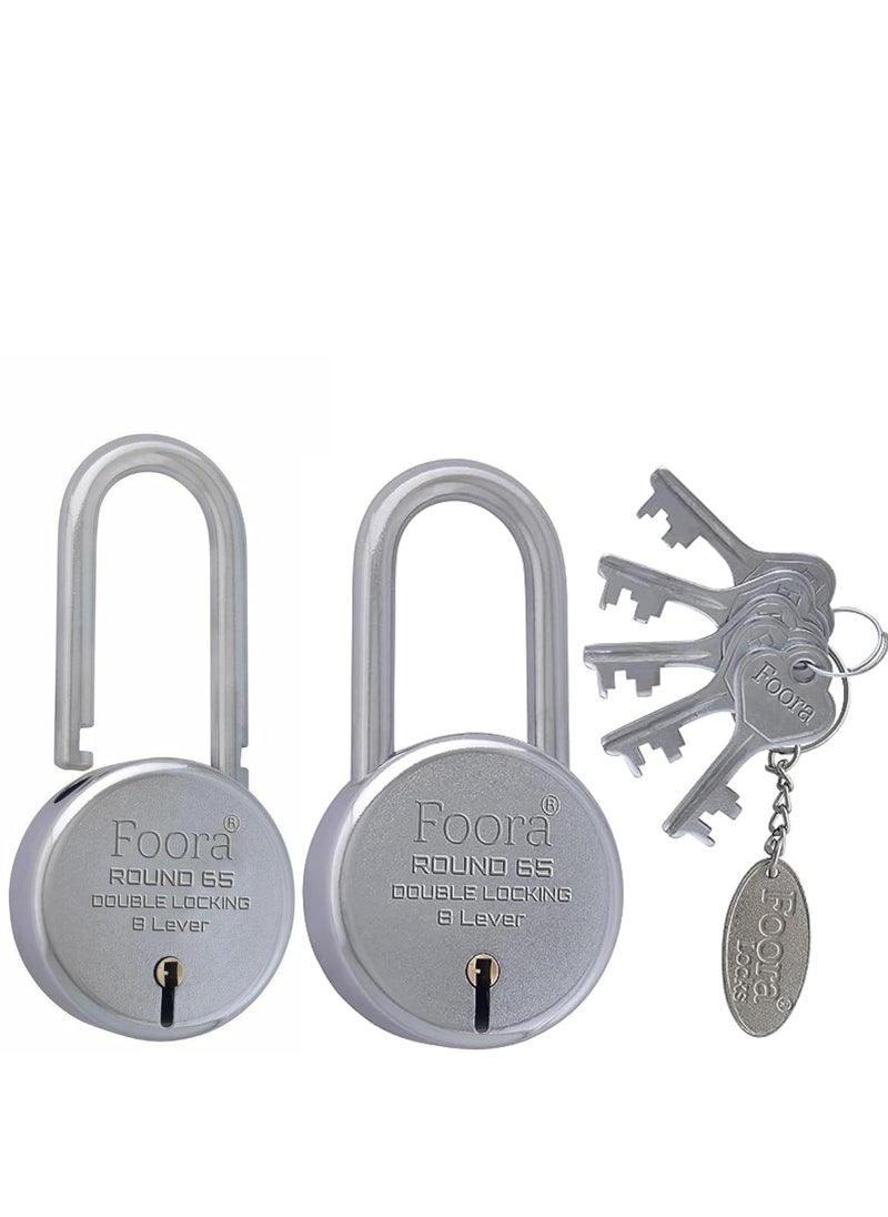 Foora Foora New Round 65mm 8 Steel Lever 10Silver KeysMetal Body Double LockingSilver FinsihKeys with Keychain Made in India Pack of 2 