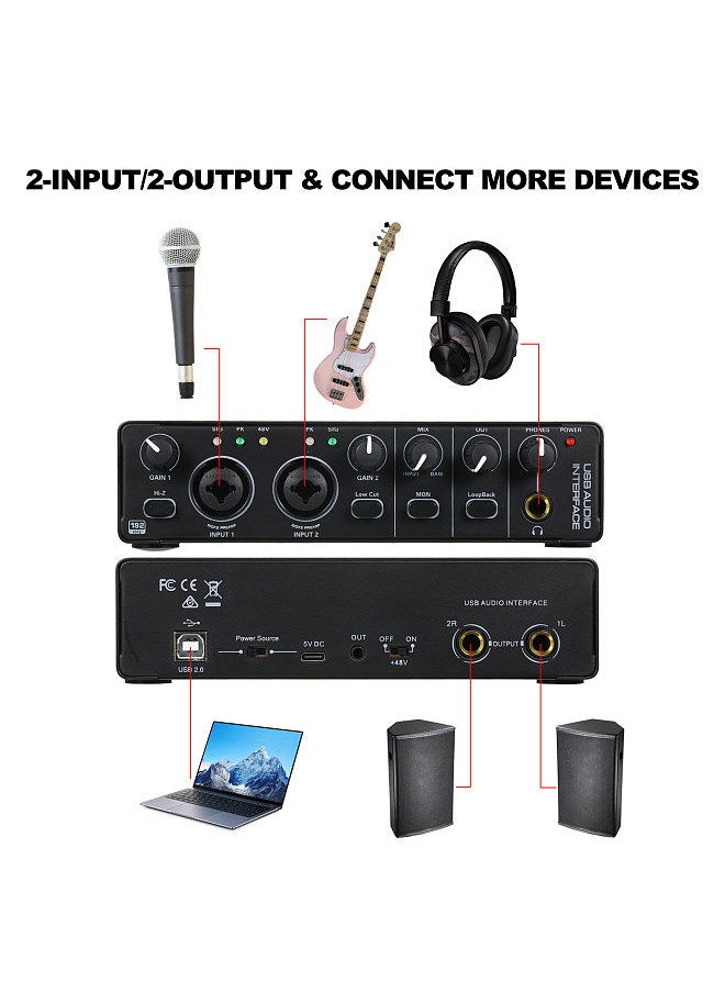 USB Audio Interface Sound Card RHM 2 In 2 Out Audio Interface Sound Board with 48V Phantom Power for Recording Professional Audio Mixer & Mic Preamplifier XLR/TSR/TS Ports
