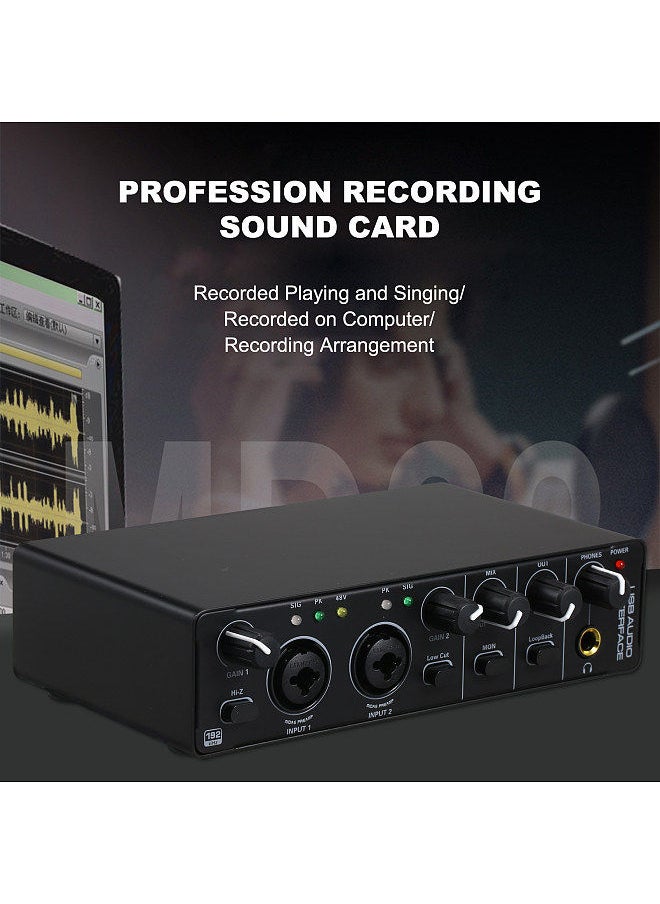 USB Audio Interface Sound Card RHM 2 In 2 Out Audio Interface Sound Board with 48V Phantom Power for Recording Professional Audio Mixer & Mic Preamplifier XLR/TSR/TS Ports