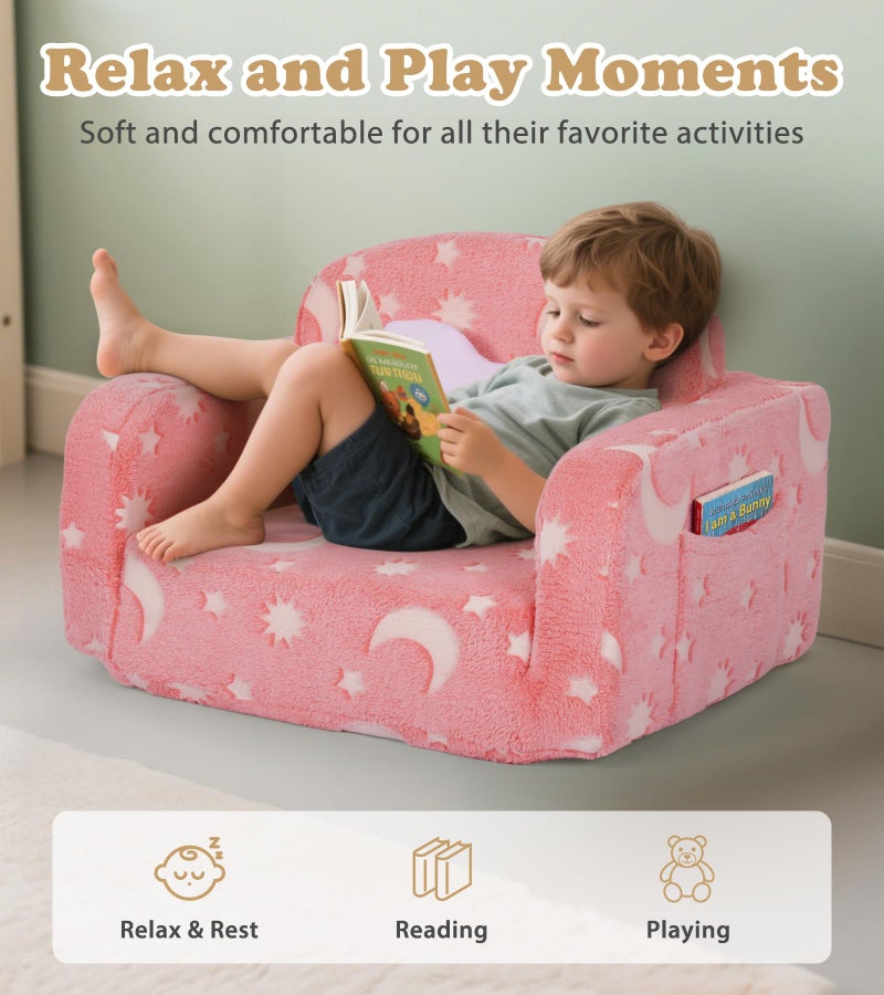 Foryoomi Kids Couch, 2-in-1 Soft Toddler Couch Fold Out with Blanket and Cloud Pillow, Glow in The Dark, Convertible Sofa, Gifts for Kids Girl Boys, Medium Pink Moon - Image 2