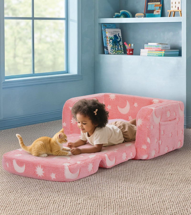 Foryoomi Kids Couch, 2-in-1 Soft Toddler Couch Fold Out with Blanket and Cloud Pillow, Glow in The Dark, Convertible Sofa, Gifts for Kids Girl Boys, Medium Pink Moon - Image 4