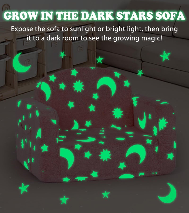 Foryoomi Kids Couch, 2-in-1 Soft Toddler Couch Fold Out with Blanket and Cloud Pillow, Glow in The Dark, Convertible Sofa, Gifts for Kids Girl Boys, Medium Pink Moon - Image 5