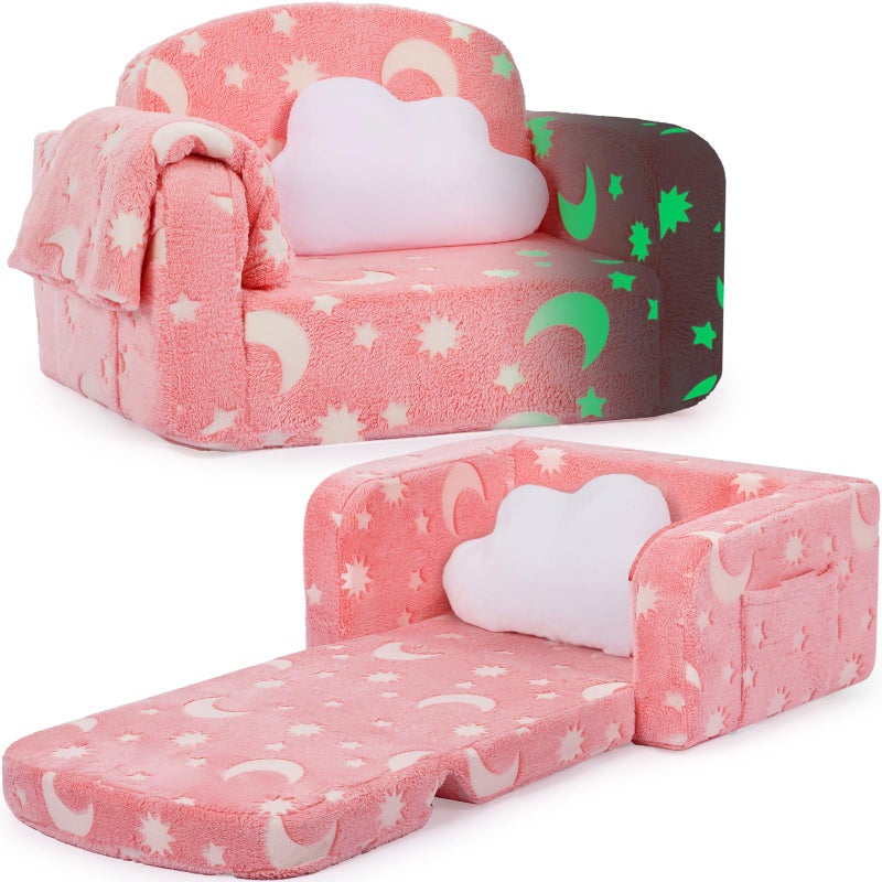Foryoomi Kids Couch, 2-in-1 Soft Toddler Couch Fold Out with Blanket and Cloud Pillow, Glow in The Dark, Convertible Sofa, Gifts for Kids Girl Boys, Medium Pink Moon - Image 1