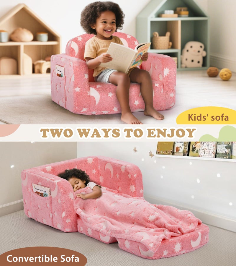 Foryoomi Kids Couch, 2-in-1 Soft Toddler Couch Fold Out with Blanket and Cloud Pillow, Glow in The Dark, Convertible Sofa, Gifts for Kids Girl Boys, Medium Pink Moon - Image 3