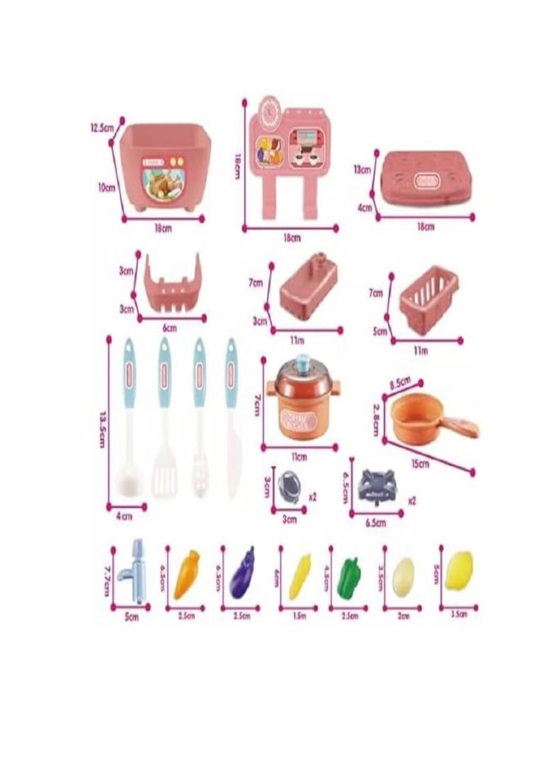 Dream Kitchen Play Set, Comes with Cooking Accessories, Sink with Running Water, Vegetables, Fruits, Utensils, Basket - 14 Pieces (Pink) - Image 4