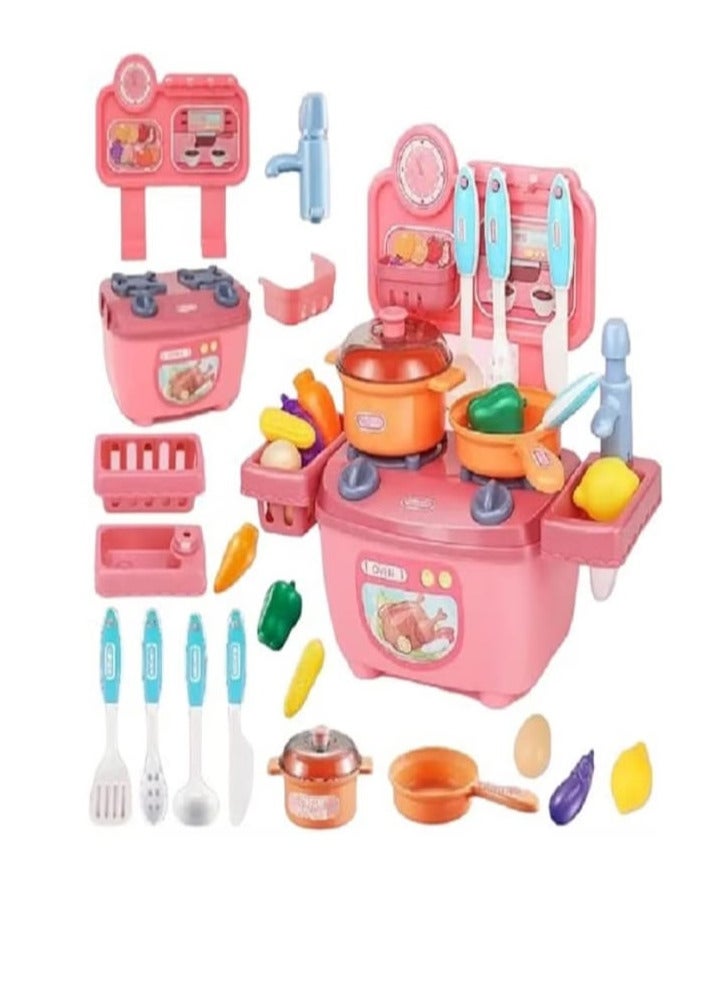 Dream Kitchen Play Set, Comes with Cooking Accessories, Sink with Running Water, Vegetables, Fruits, Utensils, Basket - 14 Pieces (Pink) - Image 1