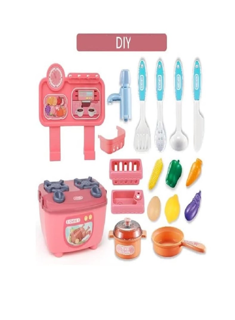 Dream Kitchen Play Set, Comes with Cooking Accessories, Sink with Running Water, Vegetables, Fruits, Utensils, Basket - 14 Pieces (Pink) - Image 3