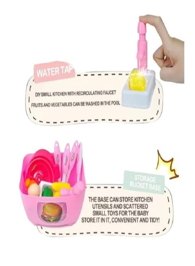 Dream Kitchen Play Set, Comes with Cooking Accessories, Sink with Running Water, Vegetables, Fruits, Utensils, Basket - 14 Pieces (Pink) - Image 5